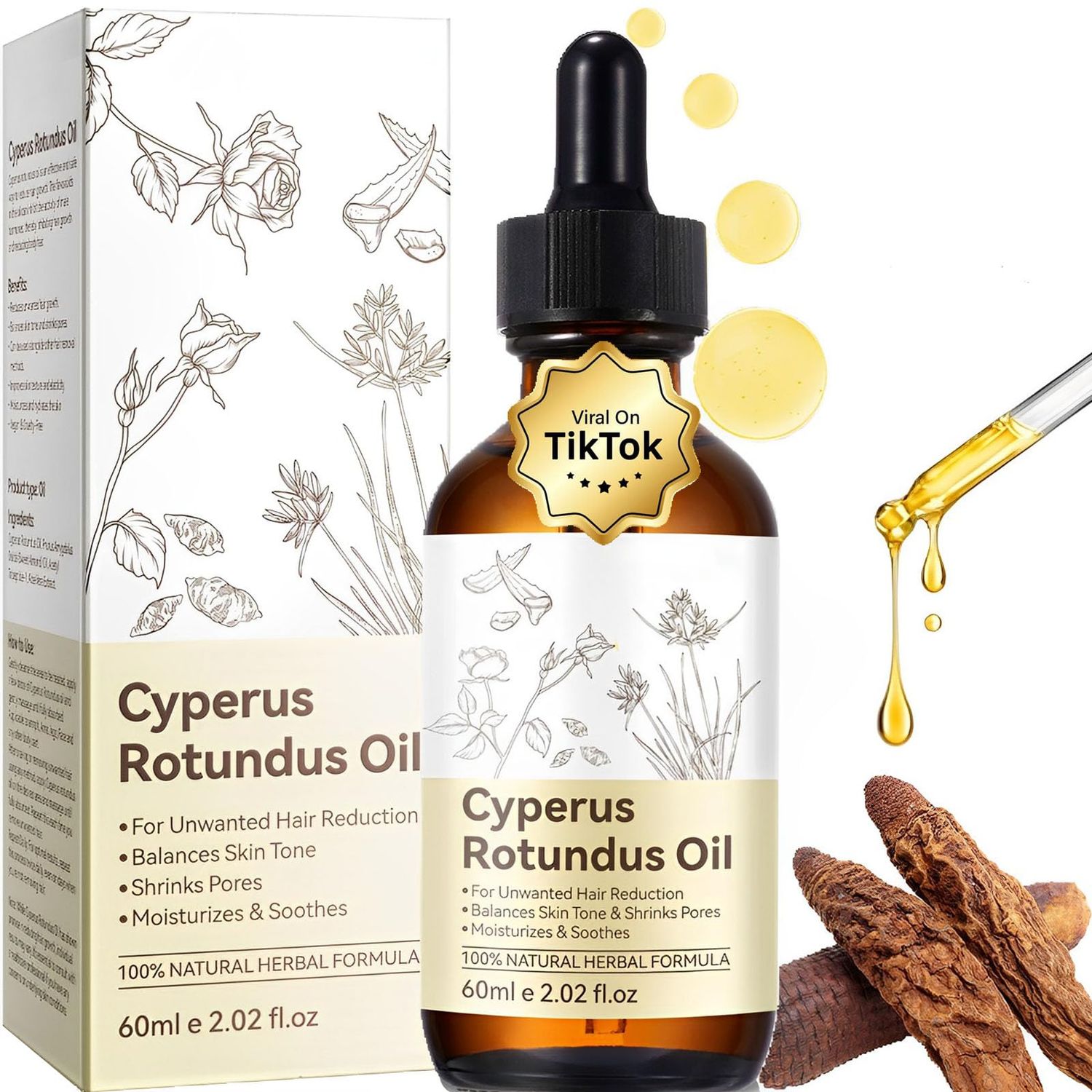 Cyperus Rotundus Oil - Shrinks Pores - Moisturizes and Soothes - Reduces body hair growth for Face and Body, Etc- Balances Skin Tone - for All Skin Types - 60ml