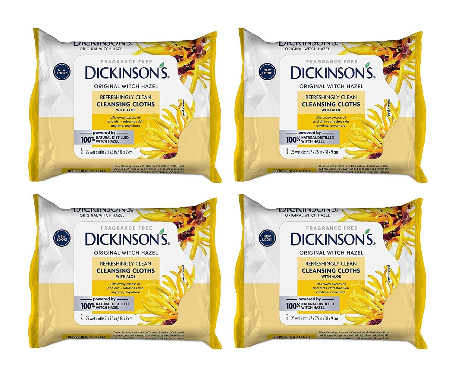 Dickinson&#39;s Original Witch Hazel Refreshingly Clean Cleansing Cloths with Aloe, 4 Pack, 25 Cloths per Pack