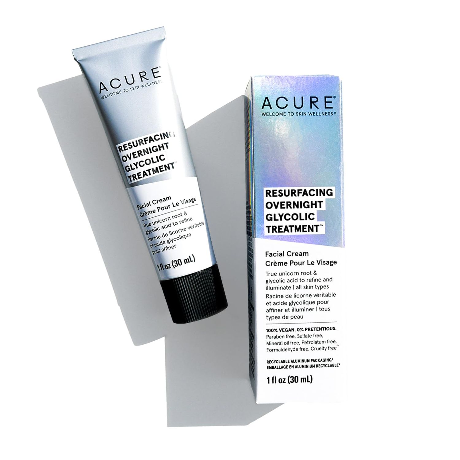 ACURE Resurfacing Overnight Glycolic Treatment - Night Dewy Glow Cream with Moonstone,True Unicorn Root, Glycolic &amp; Lactic Acid Formula - Refines, Resurfaces and Improves Skin Tone &amp; Texture - 1 Fl Oz