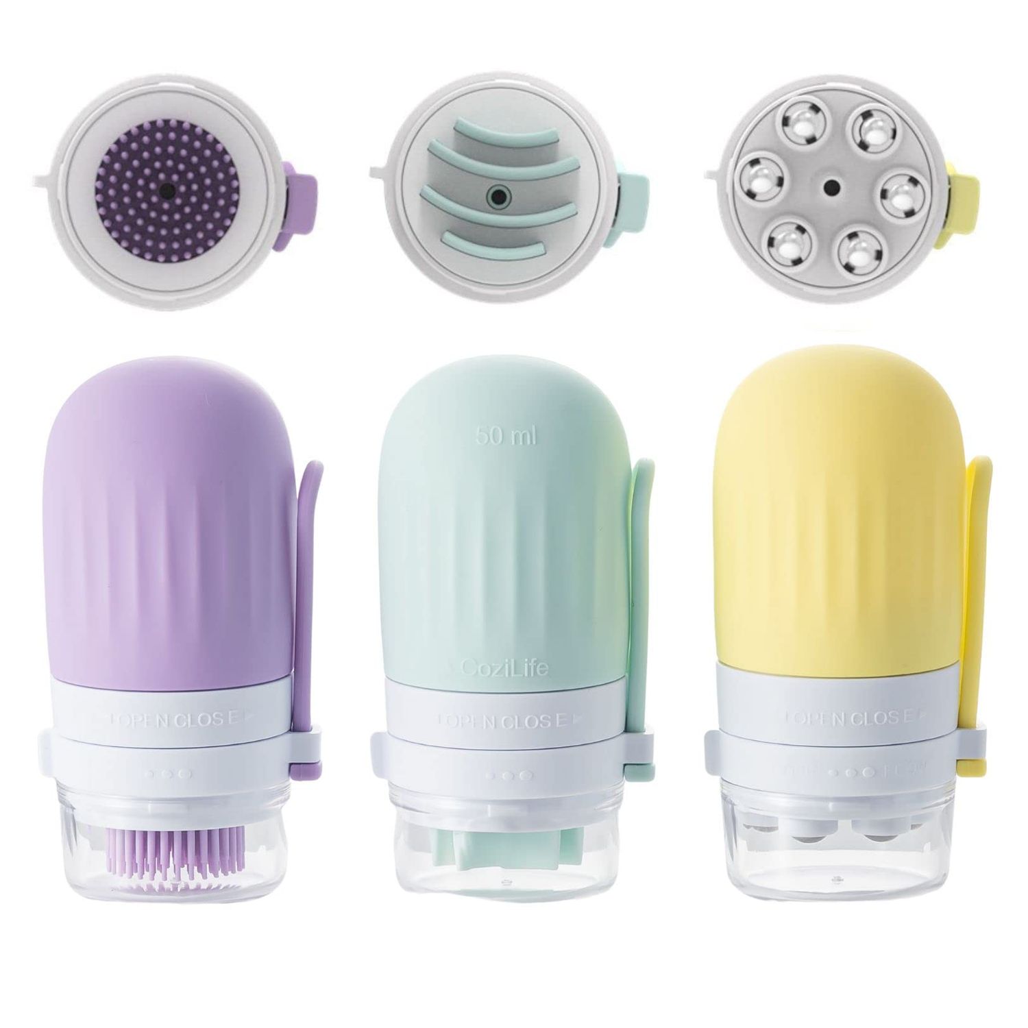 CoziLife 3-in-1 Facial Body Brush Bottle, Exfoliating and Facial-Lifting Scrub Bottle and Acupoint Massage Roller Bottle, 50ml/100ml, Leak Proof Travel Toiletries and Liquid Container (50 ml)