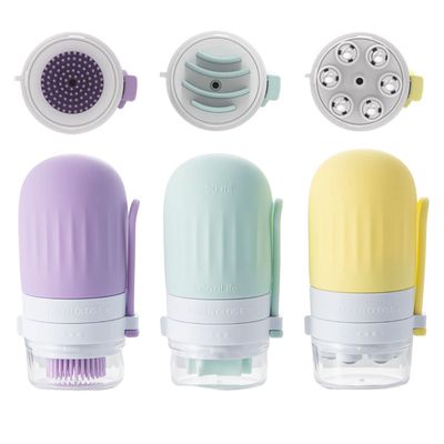CoziLife 3-in-1 Facial Body Brush Bottle, Exfoliating and Facial-Lifting Scrub Bottle and Acupoint Massage Roller Bottle, 50ml/100ml, Leak Proof Travel Toiletries and Liquid Container (50 ml)