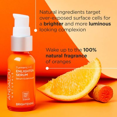 Andalou Naturals Turmeric + C Enlighten Serum, Skin Brightening with Vitamin C &amp; Turmeric, Anti-Aging Care, Diminish Sun Damage, Lighten Skin, 1.1 Fl Oz.