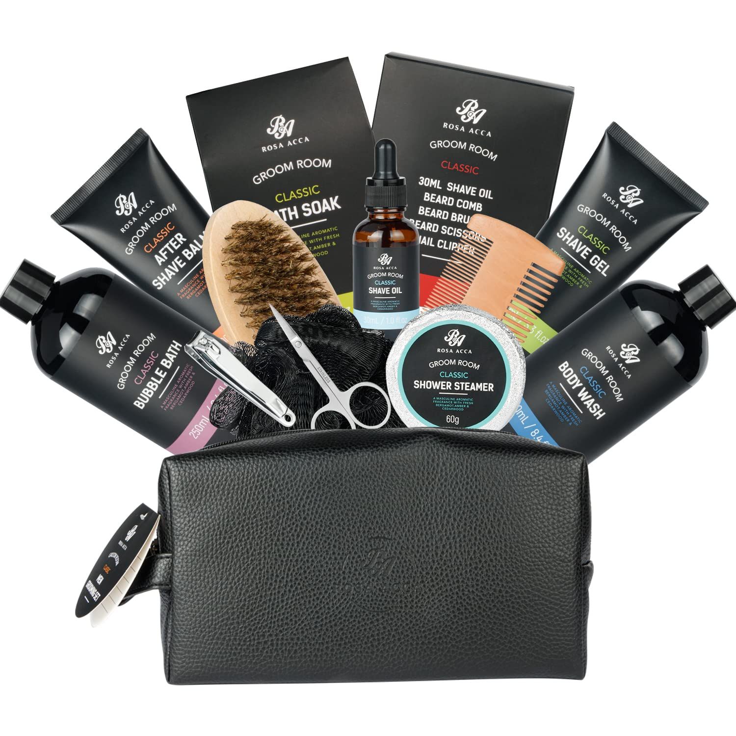 Bath Gift Set 14Pcs Beard Grooming, Bath &amp; Body Spa Kit w/Beard Oil, Beard Balm, Beard Brush, Beard Comb, Beard Scissors, Storage Bag, Beard Growth Care for Men, Dad, Husband