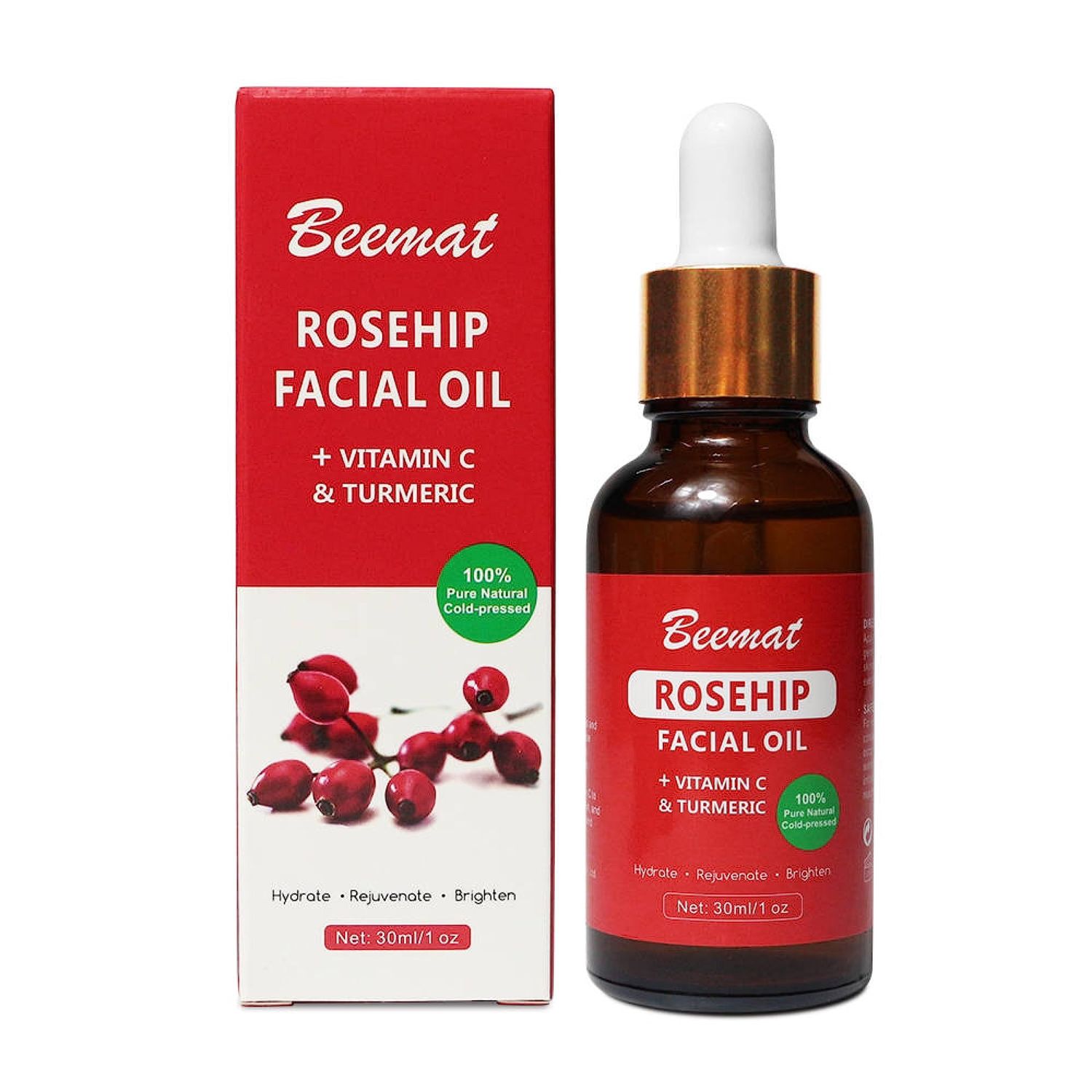 Beemat Rosehip Vitamin C Face Oil w/Turmeric 100% Natural Skin Care Facial Oil Cold Pressed Rosehip Oil for face For Brightening Hydrating &amp; Rejuvenating 1oz/30ml