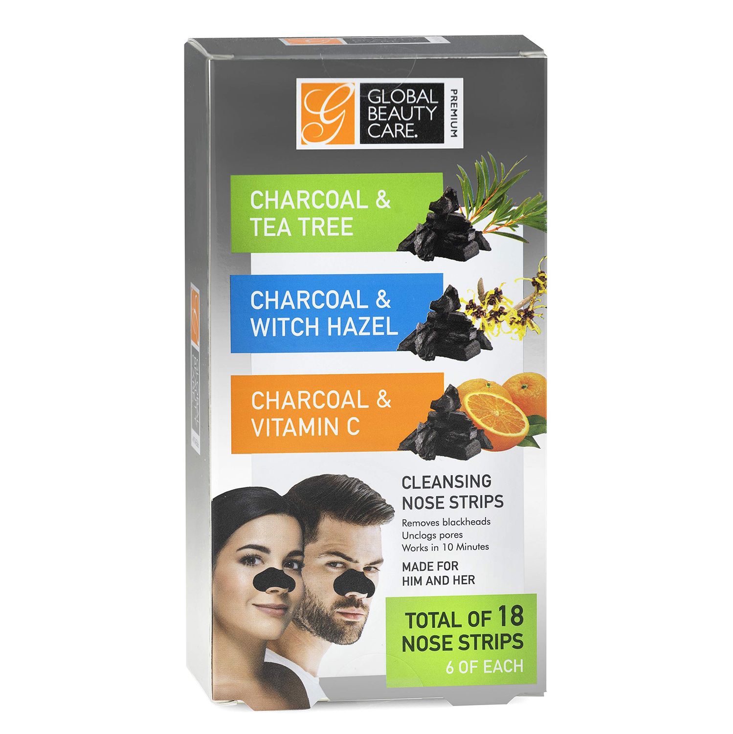 Global Beauty Care Premium 18 Nose Cleansing Strips VARIETY PACK Charcoal with Tea Tree, Witch Hazel, &amp; Vitamin C For Blackheads Removal Strips - 18 Ct