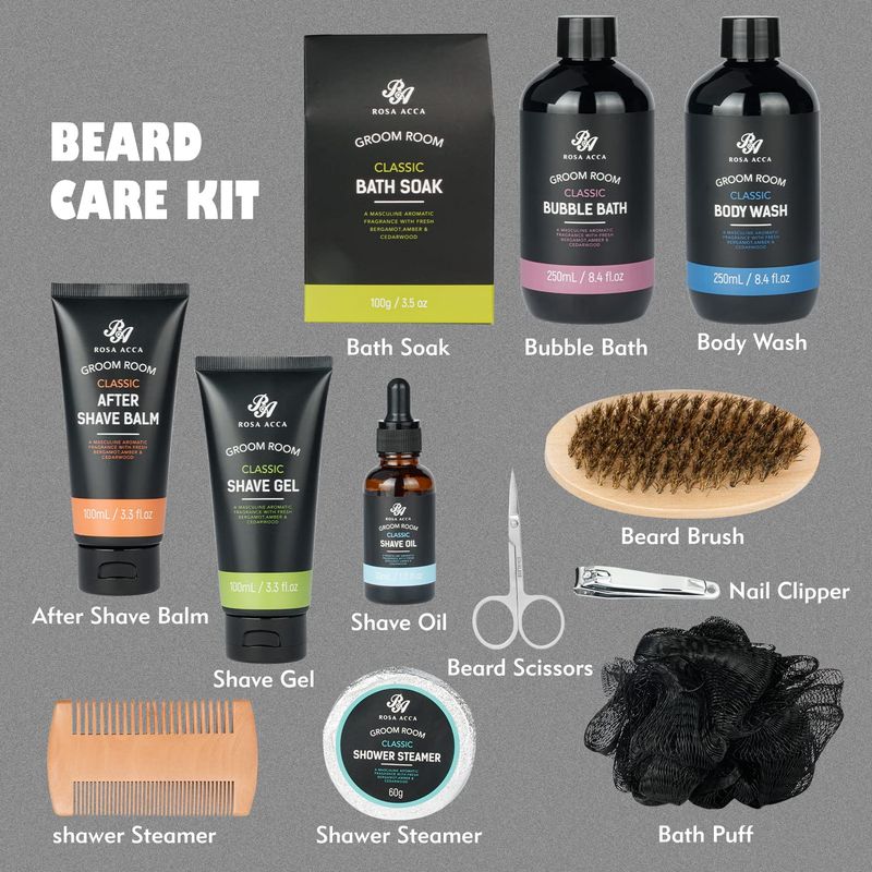 Bath Gift Set 14Pcs Beard Grooming, Bath &amp; Body Spa Kit w/Beard Oil, Beard Balm, Beard Brush, Beard Comb, Beard Scissors, Storage Bag, Beard Growth Care for Men, Dad, Husband