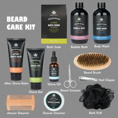 Bath Gift Set 14Pcs Beard Grooming, Bath &amp; Body Spa Kit w/Beard Oil, Beard Balm, Beard Brush, Beard Comb, Beard Scissors, Storage Bag, Beard Growth Care for Men, Dad, Husband