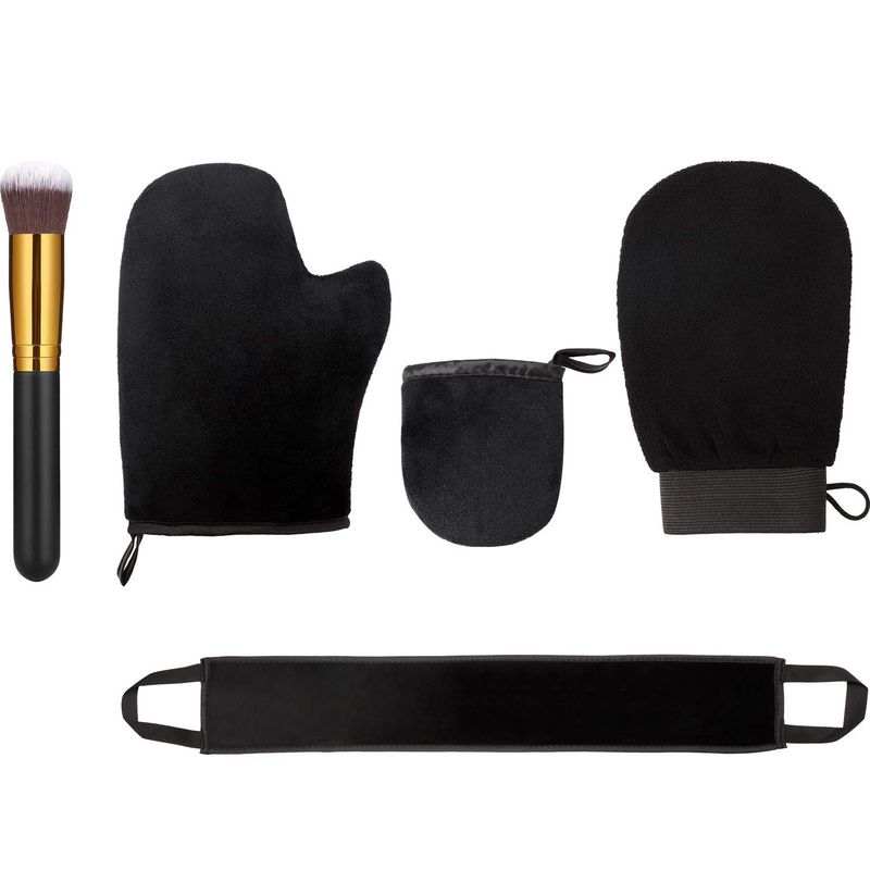 5 Pieces Self Tanning Mitt Applicator Kit, Includes Exfoliating Glove, Tanning Mitt, Mini Face Mitt, Back Lotion Applicator with Self Tanner Brush Large Flat Top Makeup Brush (Black)