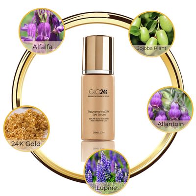 GLO24K Eye Serum with 24k Gold, Hyaluronic Acid, and Vitamins A,C,E. Potent Formula for the delicate skin around the eyes.