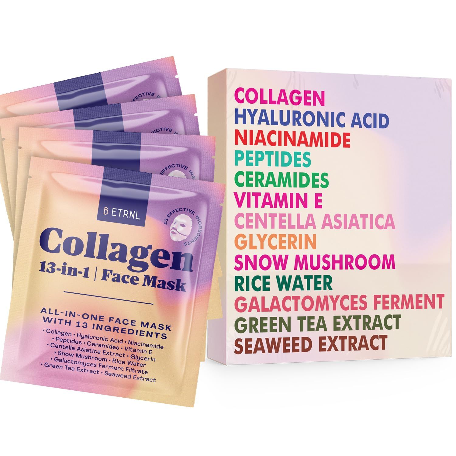B ETNRL Collagen Face Mask - 13-in-1 Bio Collagen Real Deep Overnight Mask - Hydrating Glass Skin Facial Mask - Anti Wrinkle Korean Skincare Inspired Face Sheet Masks (4 Pack)