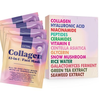 B ETNRL Collagen Face Mask - 13-in-1 Bio Collagen Real Deep Overnight Mask - Hydrating Glass Skin Facial Mask - Anti Wrinkle Korean Skincare Inspired Face Sheet Masks (4 Pack)