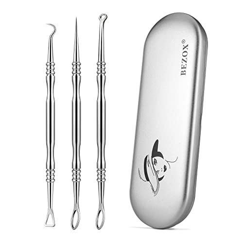BEZOX Acne Needle Blackhead Remover Tools, Set of 3 Surgical Grade Stainless Steel Pimple Popper Facial Tools with Metal Storage Case