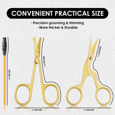 FAMCO Eyebrow Scissors with Comb, Professional Eyebrow kit for Women Grooming, eye brow kit for Beauty scissors with Curved and Rounded Safety Tip, Gold tijeras para cejas with Spoolie Brush