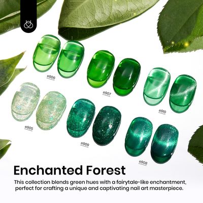 Beetles Green Gel Nail Polish Set, Cat Eye Jelly Gel Polish with Color Swatch Dots Magnet, 6 Color Glitter Enchanted Forest Theme for Salon Gel Manicure Nail Art DIY at Home