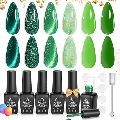 Beetles Green Gel Nail Polish Set, Cat Eye Jelly Gel Polish with Color Swatch Dots Magnet, 6 Color Glitter Enchanted Forest Theme for Salon Gel Manicure Nail Art DIY at Home