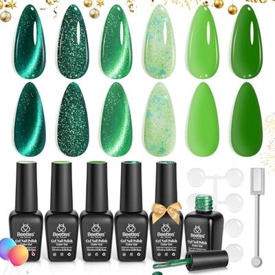 Beetles Green Gel Nail Polish Set, Cat Eye Jelly Gel Polish with Color Swatch Dots Magnet, 6 Color Glitter Enchanted Forest Theme for Salon Gel Manicure Nail Art DIY at Home