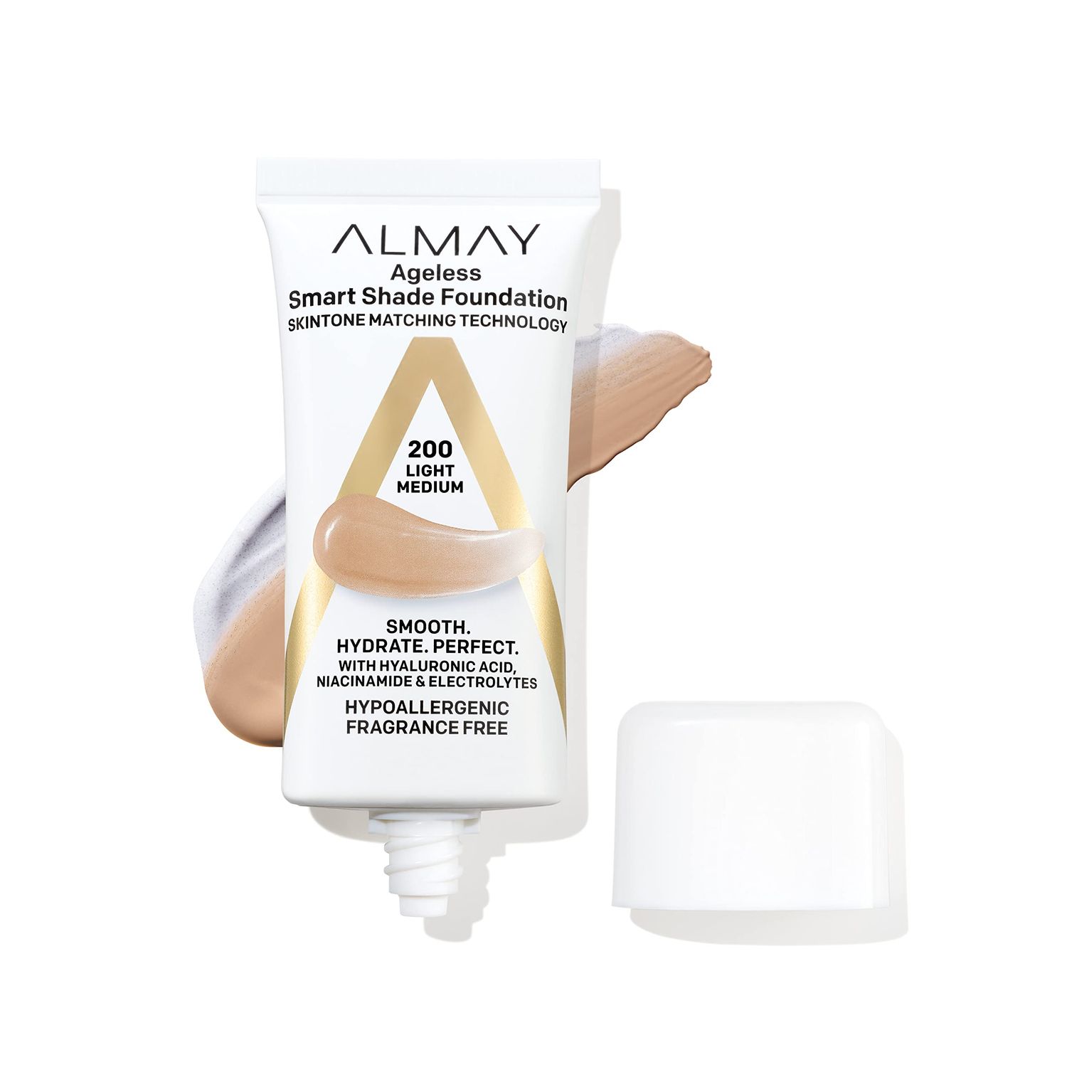 Almay Anti-Aging Foundation, Smart Shade Face Makeup with Hyaluronic Acid, Niacinamide, Vitamin C &amp; E, Hypoallergenic-Fragrance Free, 200 Light Medium, 1 Fl Oz (Pack of 1)