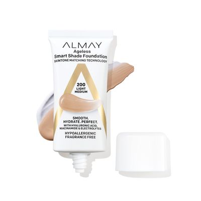 Almay Anti-Aging Foundation, Smart Shade Face Makeup with Hyaluronic Acid, Niacinamide, Vitamin C &amp; E, Hypoallergenic-Fragrance Free, 200 Light Medium, 1 Fl Oz (Pack of 1)