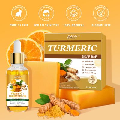 BASSI 2PCS Turmeric Soap and Turmeric Oil Set, 3.53OZ Natural Handmade Soap for Face Body Cleanser, 1fl.oz Turmeric Essential Oils with Vitamin C & E for Soothing, Hydrating, Smooth Skin Care
