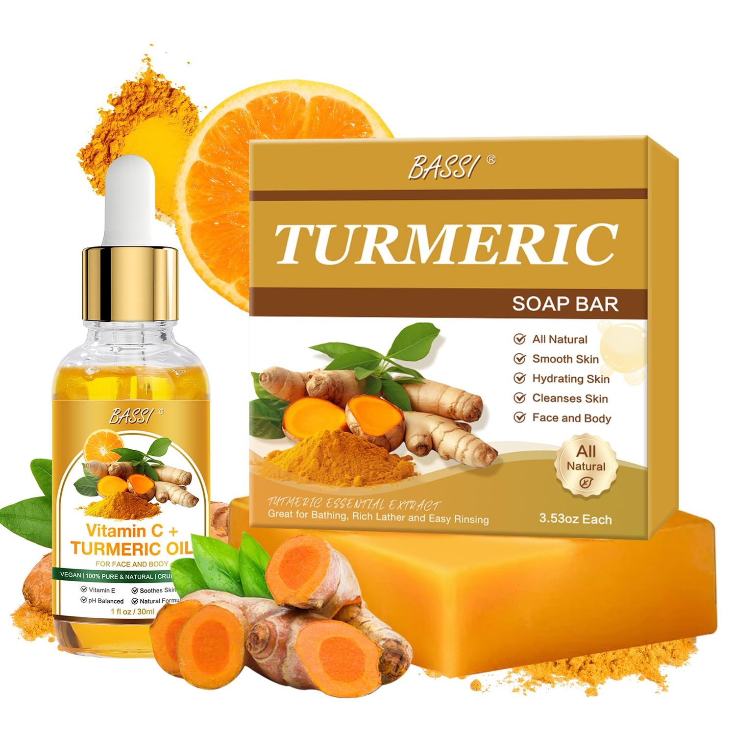 BASSI 2PCS Turmeric Soap and Turmeric Oil Set, 3.53OZ Natural Handmade Soap for Face Body Cleanser, 1fl.oz Turmeric Essential Oils with Vitamin C &amp; E for Soothing, Hydrating, Smooth Skin Care