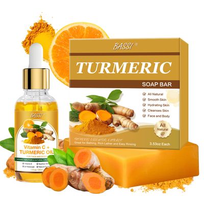 BASSI 2PCS Turmeric Soap and Turmeric Oil Set, 3.53OZ Natural Handmade Soap for Face Body Cleanser, 1fl.oz Turmeric Essential Oils with Vitamin C &amp; E for Soothing, Hydrating, Smooth Skin Care