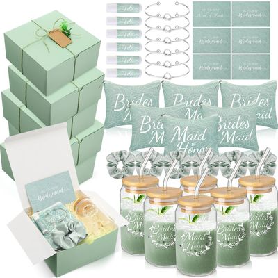 FillTouch 42 Pcs Bridesmaid Proposal Gifts Bridal Shower Gifts Include Wedding Gift Box Makeup Bags Invited Cards Glass Cup Lip Balm Scrunchies Hair Knotted Bracelets for Maid of Honor Gifts(Green)