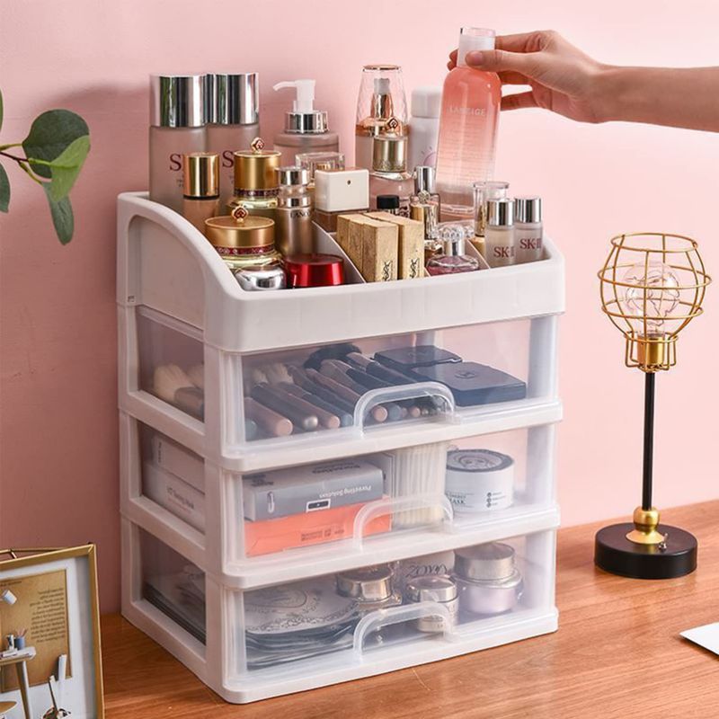 Freebirdly Makeup Organizer with 3 Drawers Plastic Storage for Vanity Cosmetic Display Cases Large Capacity Bathroom Countertop Plastic Storage for Skin Care Products(Arc Type)