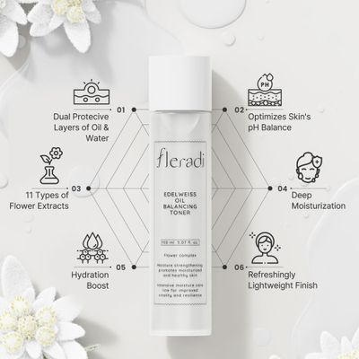 Fleradi Edelweiss Oil Balancing Toner: Revitalize with 20% Edelweiss Extract - Dual Layer Hydration &amp; PH Balance, Rich in 11 Flower Extracts, 5.07 fl oz - Ideal for All Skin Types