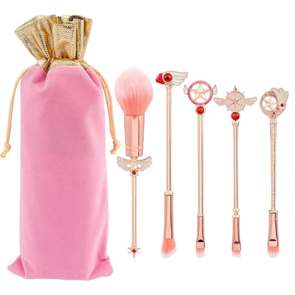 Cardcaptor Sakura Makeup Brushes Set - 5pcs Anime Series Magic Wand Cosmetic Make Up Brush Set Professional Tool Kit Set Pink Drawstring Bag Included for Girls Women (5 Pieces Set)