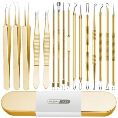 Blackhead Remover Tool, 16 PCS Pimple Popper Tool Kit, Tweezers Set for Eyebrows Hair Removal Pimple Blemish Acne Comedones Extractor Whitehead Cyst Removal Tool, for Nose Face Beauty Tools (Golden)