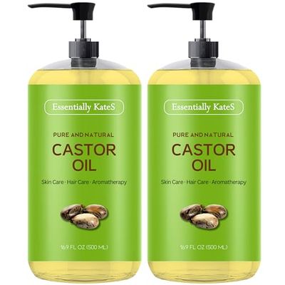 Essentially KateS Castor Oil, 33.8 Fl Oz - Pack of 2 x 16.9 Fl Oz - 100% Pure and Natural, Cold Pressed, Hair and Skin Care - Hexane Free