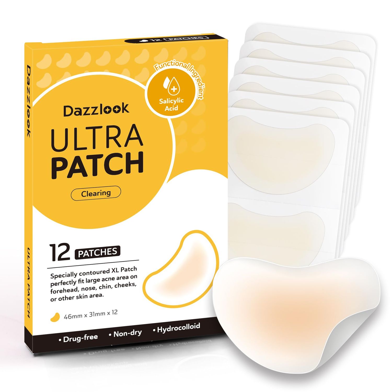 Dazzlook Chin Forehead Acne Patches (12 Counts), Extra Large Hydrocolloid Pimple Absorbing Stickers for Larger Area Blemish Zits Breakouts Overnight Protection for Nose, Cheeks, Back, Body Skin
