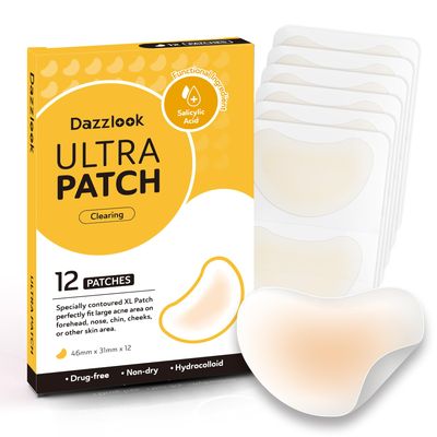 Dazzlook Chin Forehead Acne Patches (12 Counts), Extra Large Hydrocolloid Pimple Absorbing Stickers for Larger Area Blemish Zits Breakouts Overnight Protection for Nose, Cheeks, Back, Body Skin