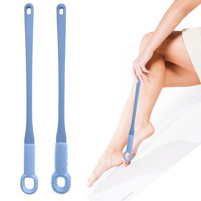 2 PCS Toe Cleaning Brush,Silicone Foot Scrubber Exfoliating Brush for Shower Handle Soft Cleaning Bath Brush Feet Cleaner Scrub Foot Care for Seniors,Elderly, Men and Women 15.7&quot;-Blue