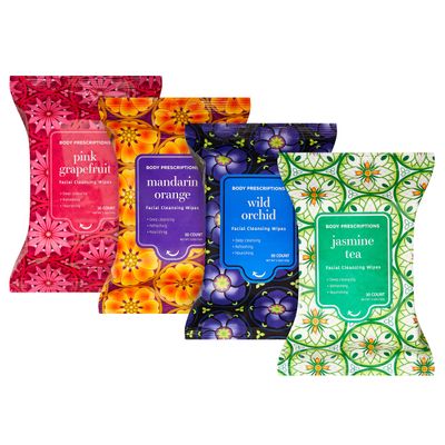 Body Prescriptions Makeup Remover Wipes - Bulk Pack, Gentle Cleansing Wipes for Easy Makeup Removal, Mandarin, Orchid, Grapefruit, &amp; Jasmine Tea