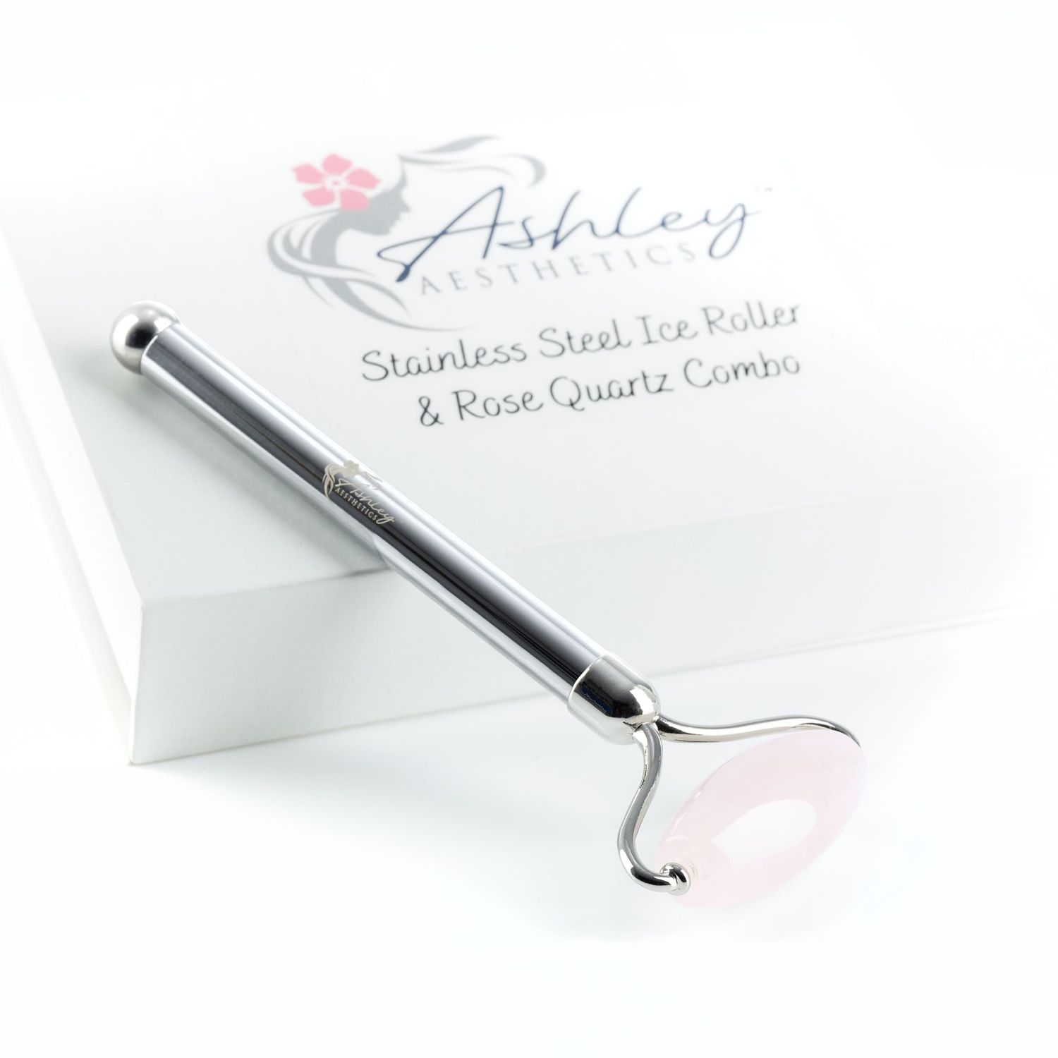 Ashley Aesthetics Stainless Steel Ice Roller &amp; Rose Quartz Combo | Facial Roller | Lymphatic Drainage | Facial Massager | Product Absorption | Skin Care