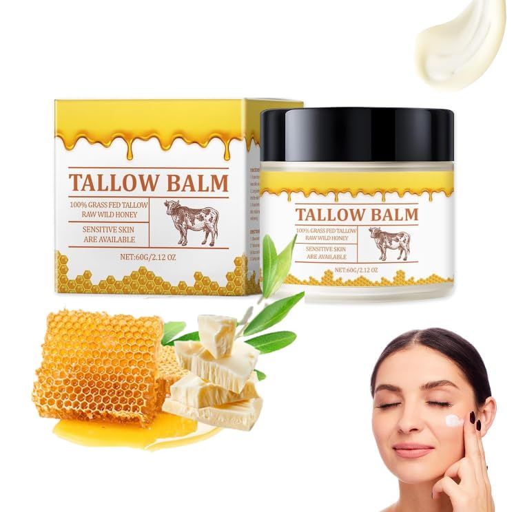 Aqiuicka Beef Tallow for Skin,Tallow and Honey Balm, Natural Grass Fed Beef Tallow &amp; Raw Wild Honey Balm, Grass-Fed Beef Tallow Balm with Raw Honey for Smooth Nourishing Face