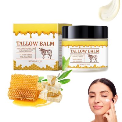 Aqiuicka Beef Tallow for Skin,Tallow and Honey Balm, Natural Grass Fed Beef Tallow &amp; Raw Wild Honey Balm, Grass-Fed Beef Tallow Balm with Raw Honey for Smooth Nourishing Face
