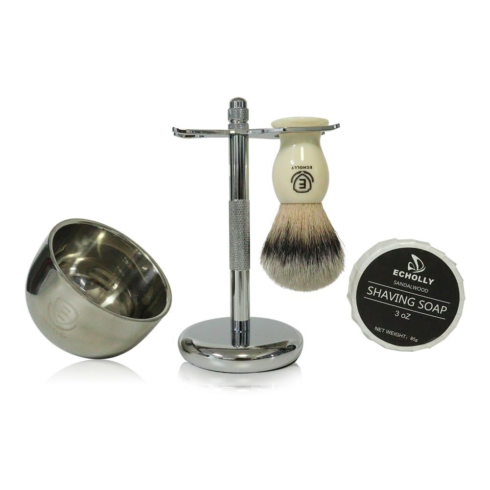 4 in 1 Premium Shaving Brush Kit for Men Includes Vegan Synthetic Badger Hair Shaving Brush,Sandalwood Shaving Cream Soap 85G,Stainless Steel Bowl,Heavy Safety Shaving Stand for Mens Gift(Ivroy White)