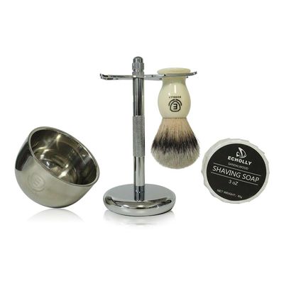 4 in 1 Premium Shaving Brush Kit for Men Includes Vegan Synthetic Badger Hair Shaving Brush,Sandalwood Shaving Cream Soap 85G,Stainless Steel Bowl,Heavy Safety Shaving Stand for Mens Gift(Ivroy White)