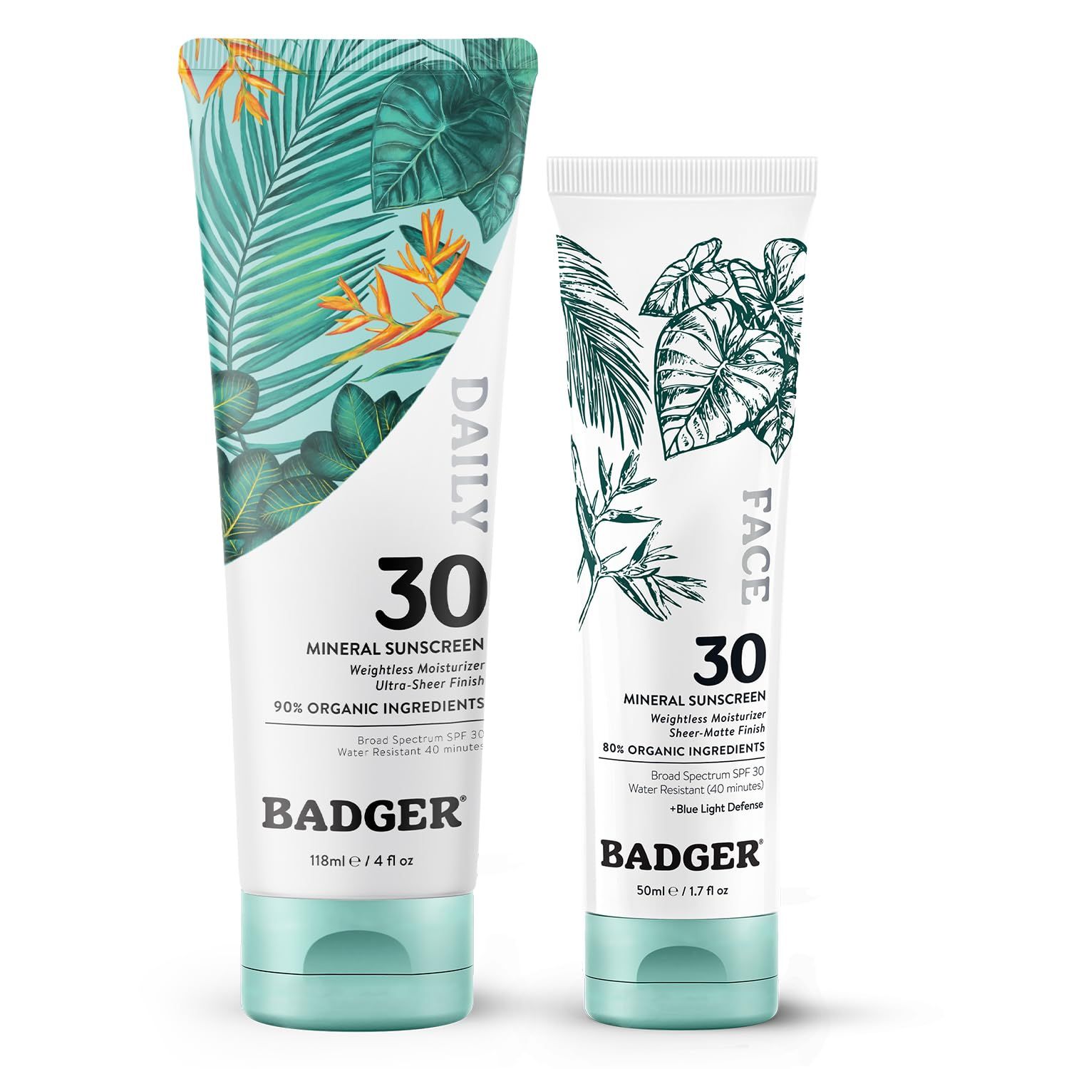 Badger Mineral Daily and Face Sunscreens Combo Travel Set, Organic Sunscreen Moisturizer with SPF 30, Hydrating Everyday Sunscreen Lotion, Vegan &amp; Unscented 1.7 fl oz &amp; 4 fl oz