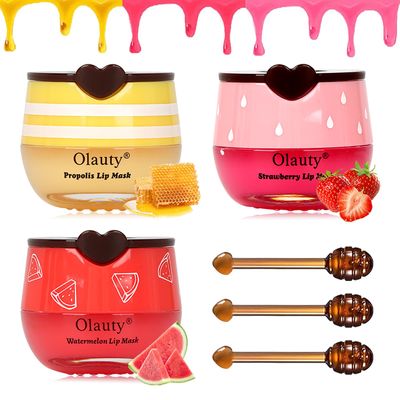 3 Pcs Bee Lip Balm Honey Pot,Honey&amp;Strawberry&amp;Watermelon Lip Sleeping Mask Hydrating Prevention Dry and Cracked Lip Scrubs Exfoliator Lip Care,Lip Mask Overnight Reduces Lip Lines