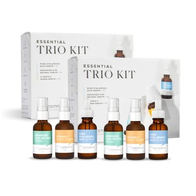 Cosmedica Skincare Facial Serum Trio Set Value for Clear Skin - Vitamin C Super Serum, 2.5% Retinol Serum, Pure Hyaluronic Acid Serum - Vegan, Cruelty-Free Skincare 6 pack