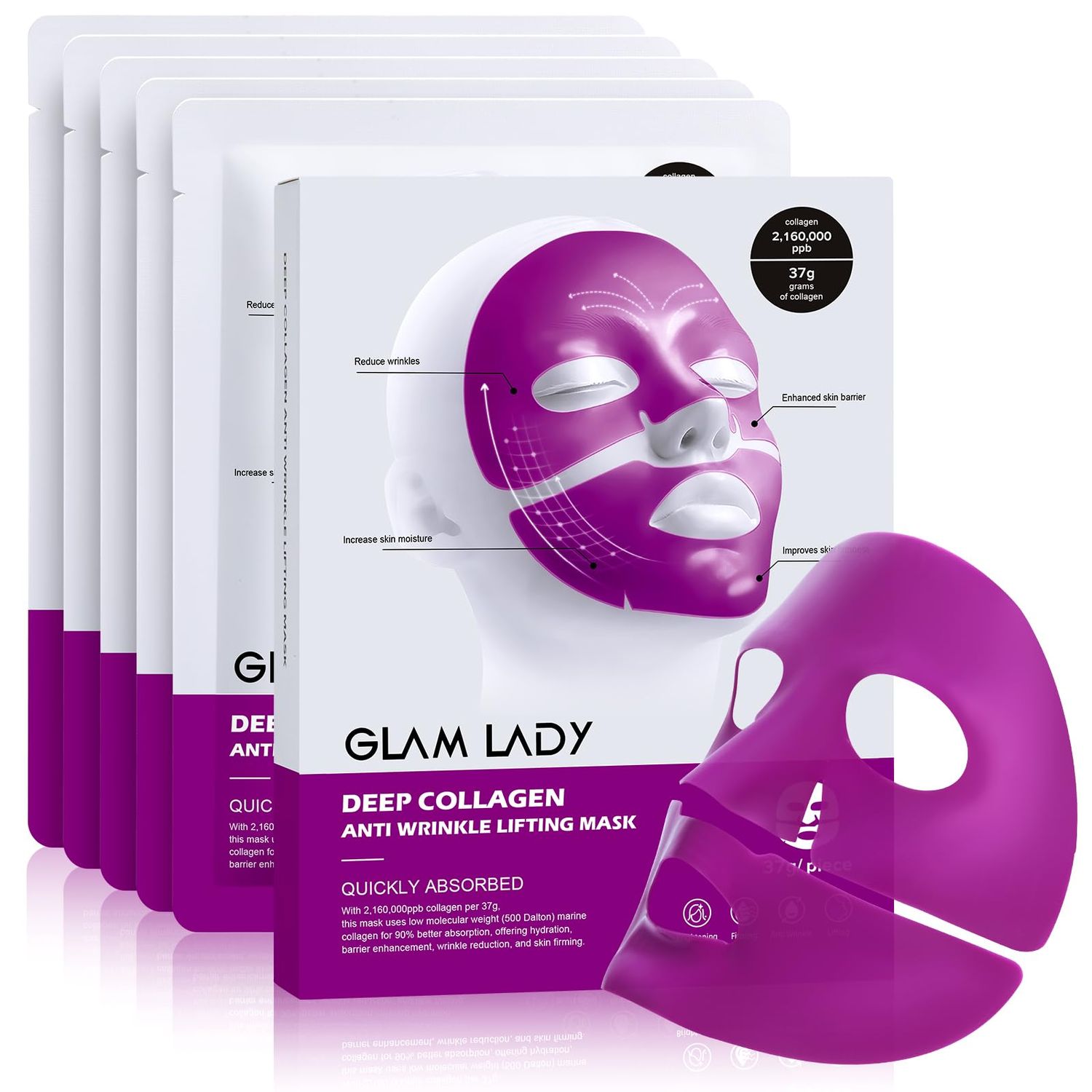 Glam Lady Deep Collagen Mask Anti Wrinkle Lifting Mask Purple Hydrogle Face Daily Mask with Niacinamide and Hyaluronic Acid