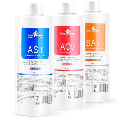 BRUN Hydrogen Oxygen Facial Machine Serums for Facial Cleansing - A Pack of 400ml 3 Aqua Peeling Solution AS1, SA2, and AO3 -Skin Care Hydra Solution for Vacuum face Cleaning Jet for Home and Spa