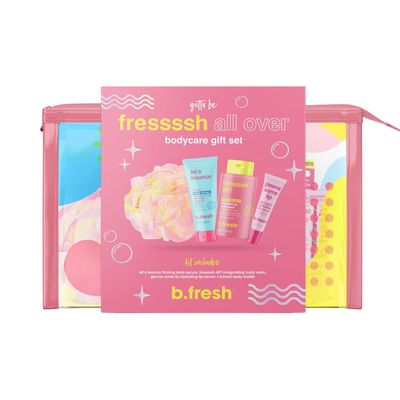 b.fresh Body Care Gift Set | Fressssh All Over - Self Care Kit Includes Travel Size Body Wash, Firming Body Serum, and Full Size Loofah with Hydrating Lip Serum