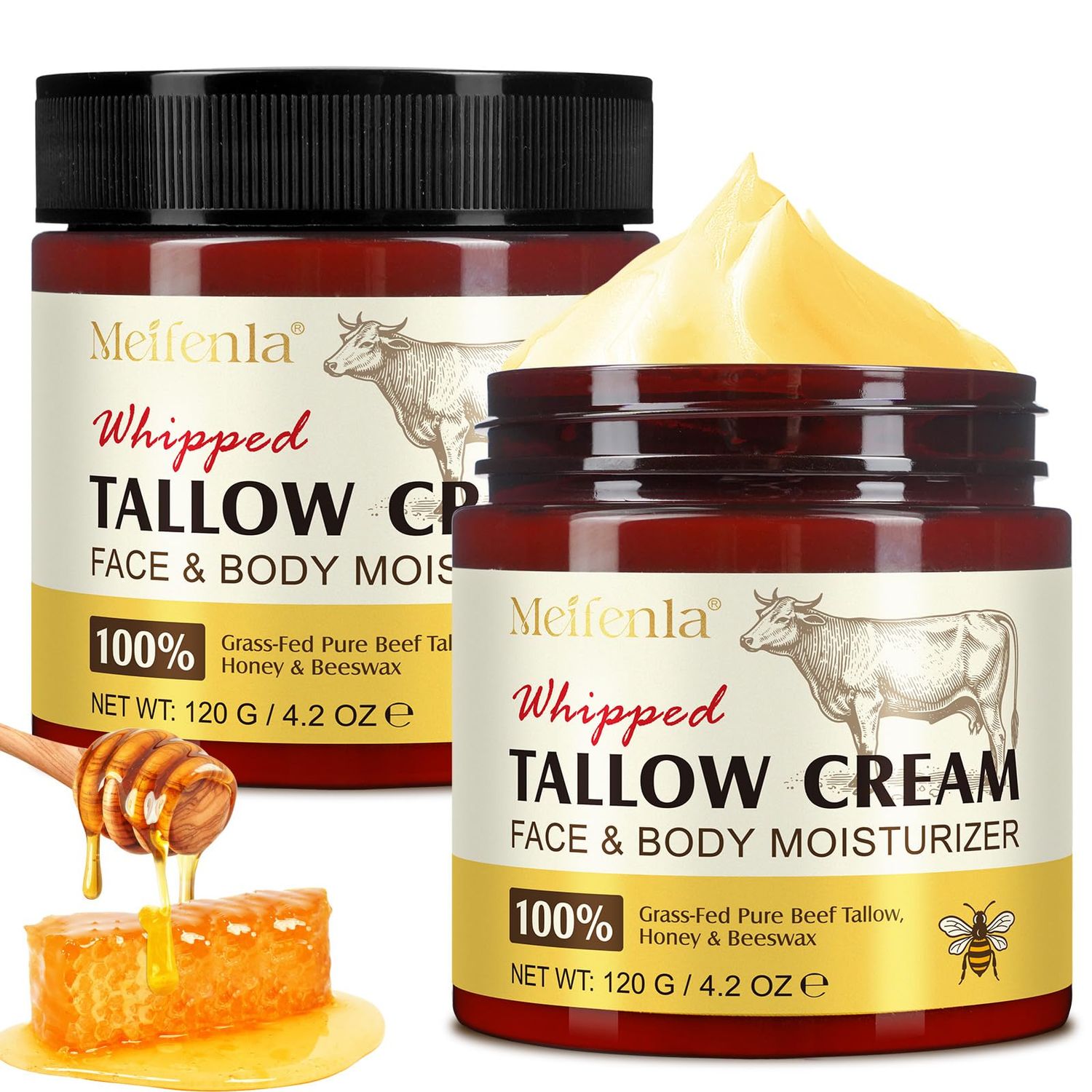 Beef Tallow for Skin, Beef Tallow for Face, Organic Beef Tallow Face Moisturizer, Tallow and Honey Balm, Pure Beef Tallow Moisturizer Body, 100% Natural Grass Fed Beef Tallow, All Skin Types 4.2 Oz