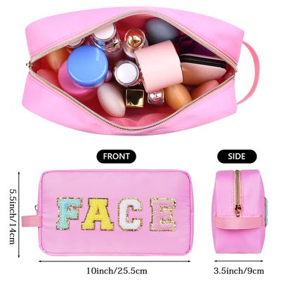Aucuu Nylon Cosmetic Bag Preppy Makeup Stuff Bag with Chenille Varsity Letter Patch,Skin Care Travel Bag Organizer for Women, Make Up Skincare Cosmetic Zipper Stuff Bags for WomenPink