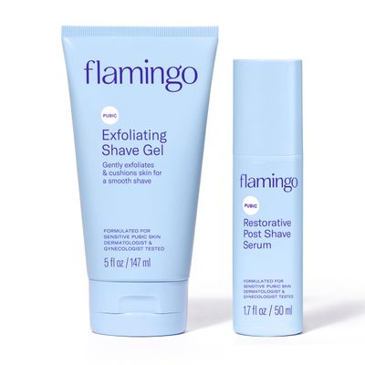 Flamingo Pubic Hair Shaving Skin Care Set, Exfoliating Shaving Gel for Women 5 fl oz with Restorative Post Shave Serum 1.7 fl oz