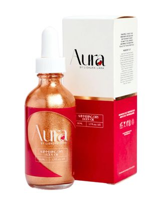 Aura Shimmering Dry Body Oil, non-greasy with shimmer, Tanning, Hypoallergenic, ultra-Hydrating, fast absorbing with coconut, sweet almond, jojoba, argan, mango &amp; sunflower seed oil + vitamin A &amp; E.